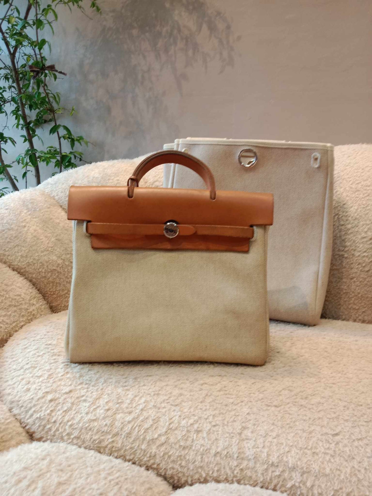Hermes Herbag Canvas Beige/Brown Stamp B Square 1998