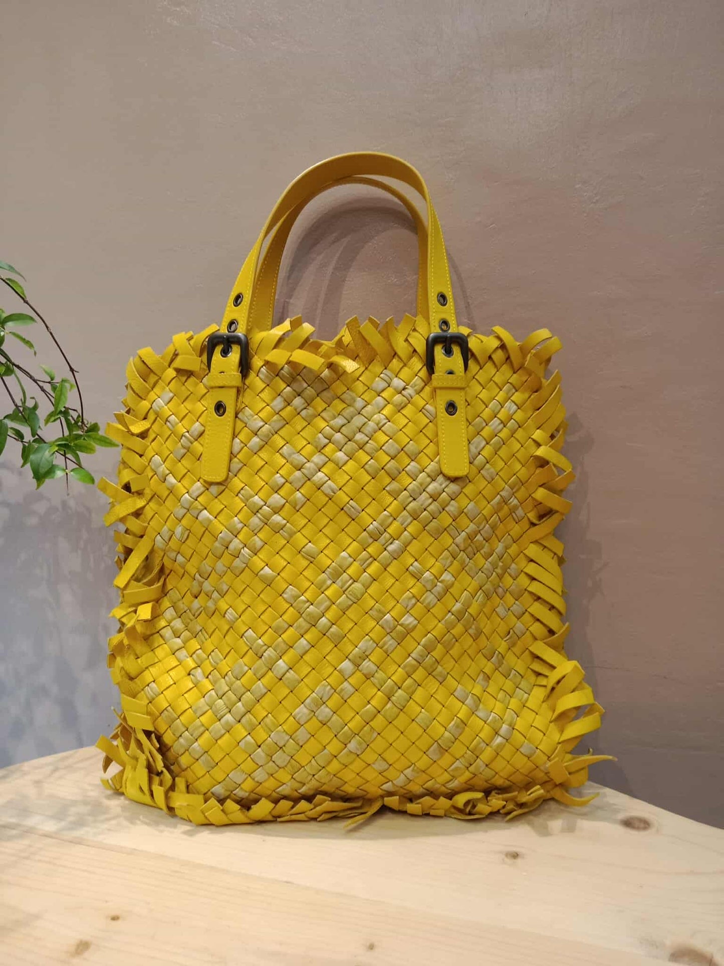 Bottega Veneta Paille Sfrangiato Aquatre Fringe Intrecciato Nappa Large Tote Yellow