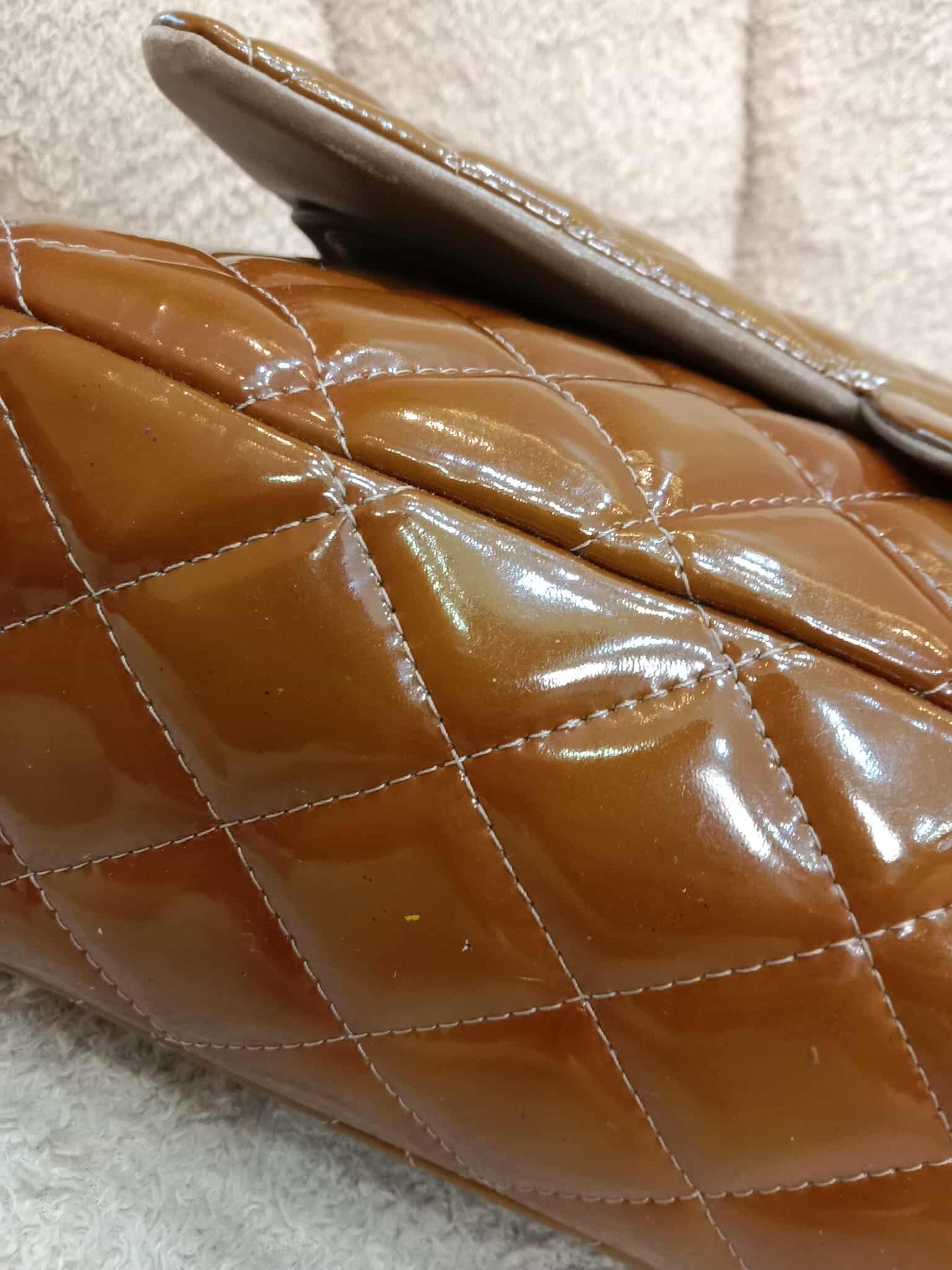 Chanel Quilted Maxi Double Flap Patent Tan Series 15