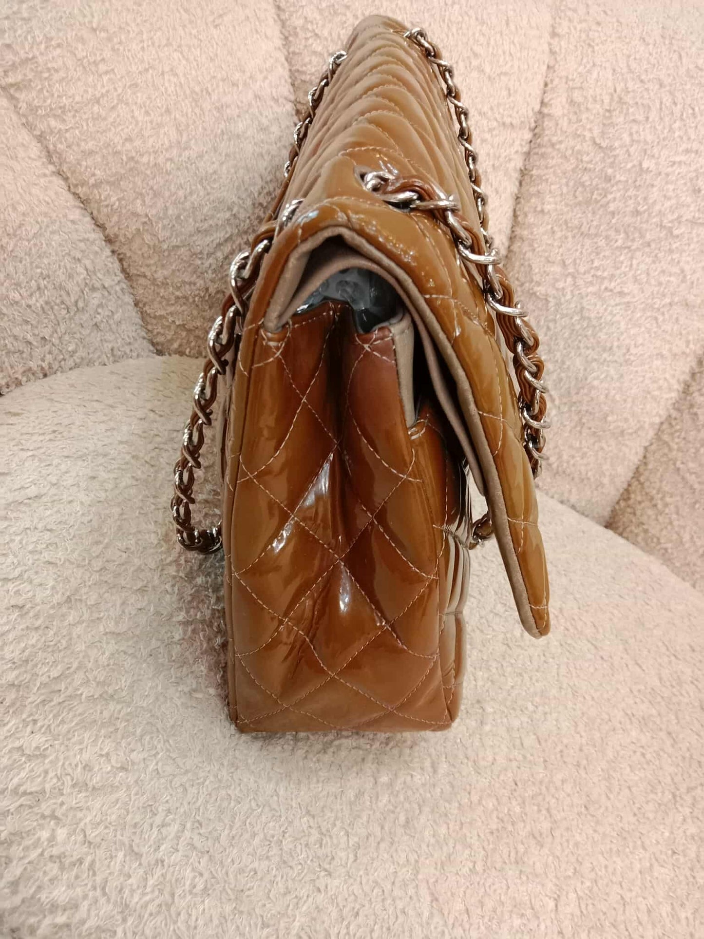 Chanel Quilted Maxi Double Flap Patent Tan Series 15