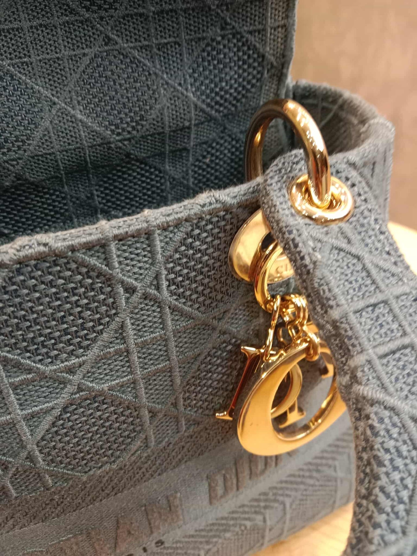 Dior Canvas Embroidered Cannage Medium Lady D-Lite Denim Blue