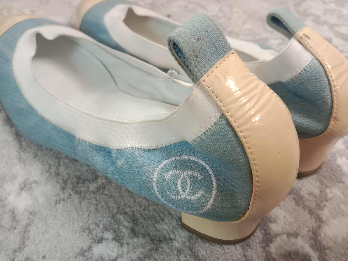 Chanel Coco Mark Ballerina Denim Pumps Size 37C
