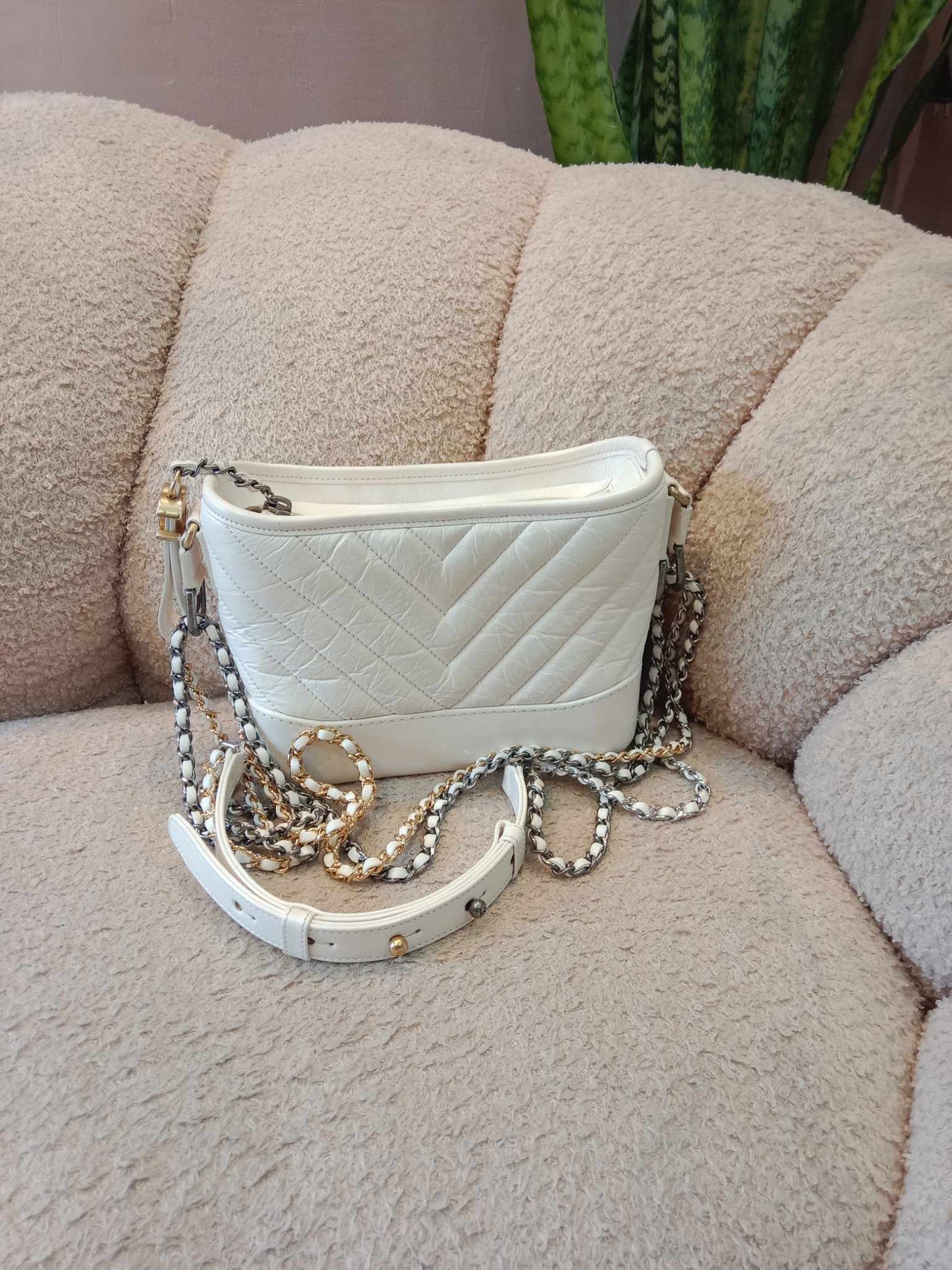 Chanel White Small Chevron Gabrielle Hobo Aged Calfskin Series 29