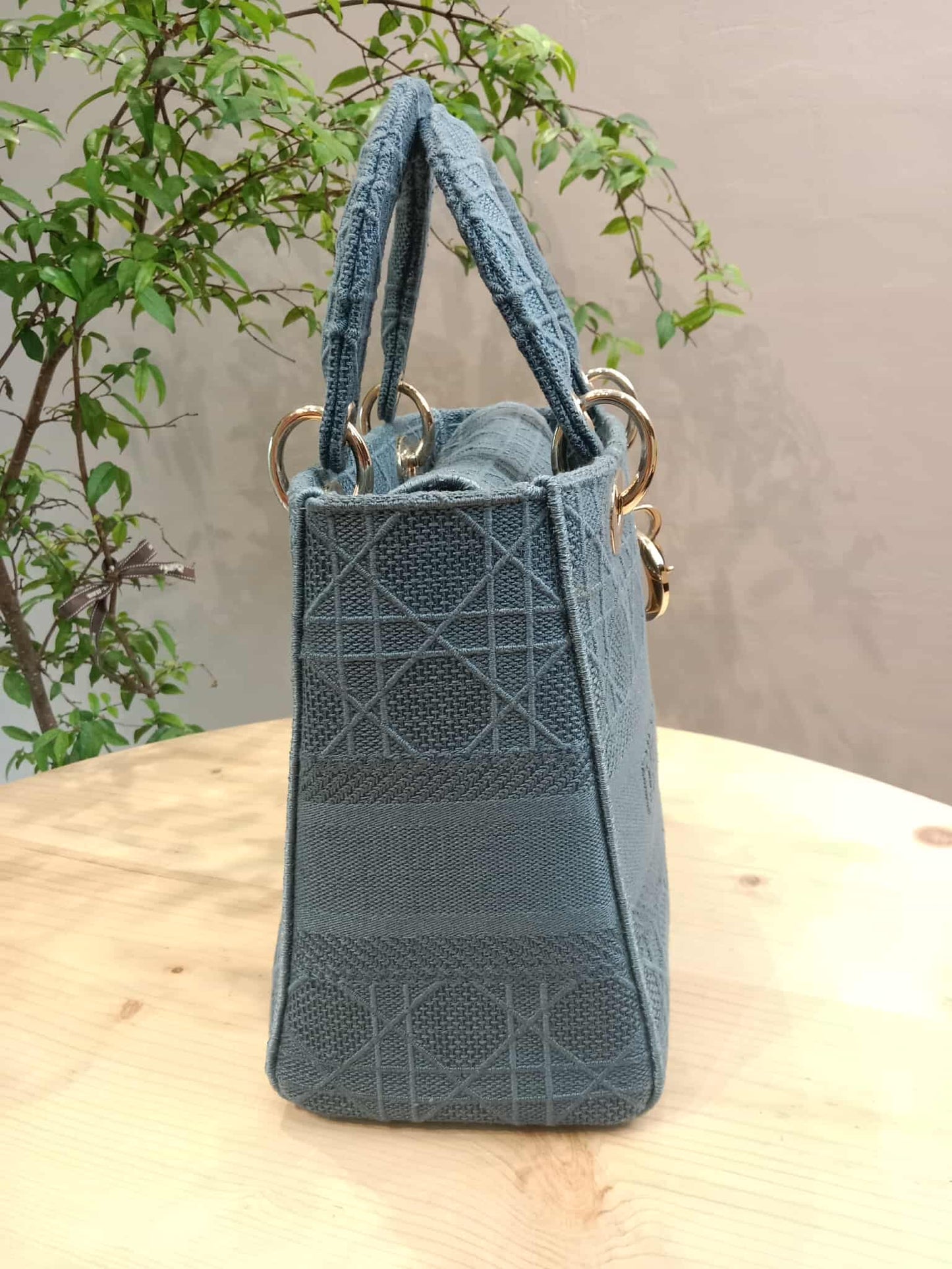 Dior Canvas Embroidered Cannage Medium Lady D-Lite Denim Blue