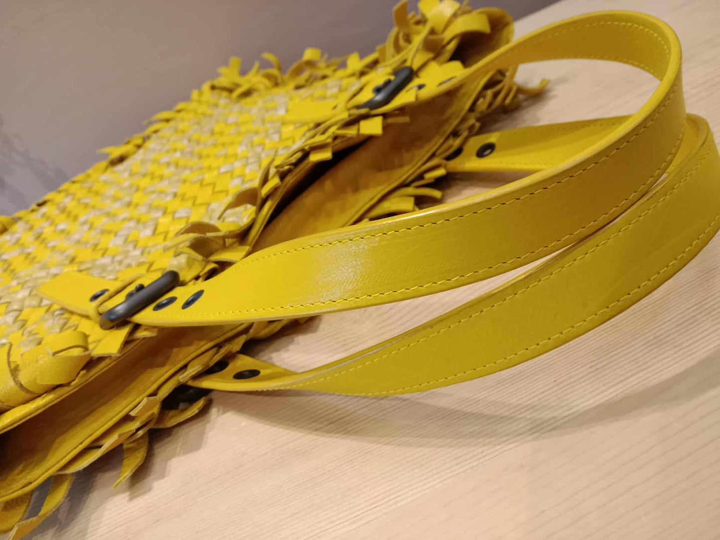 Bottega Veneta Paille Sfrangiato Aquatre Fringe Intrecciato Nappa Large Tote Yellow