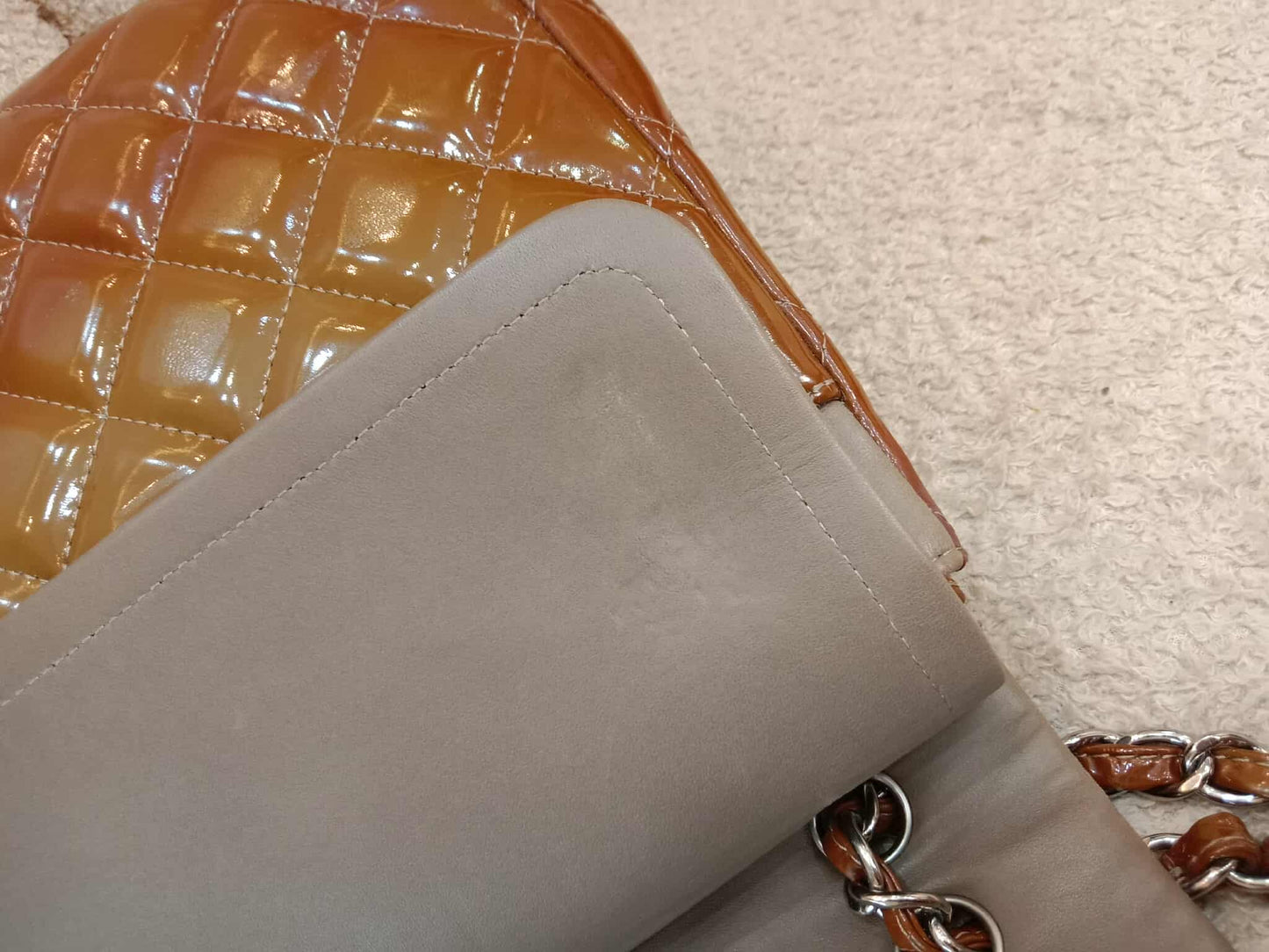 Chanel Quilted Maxi Double Flap Patent Tan Series 15