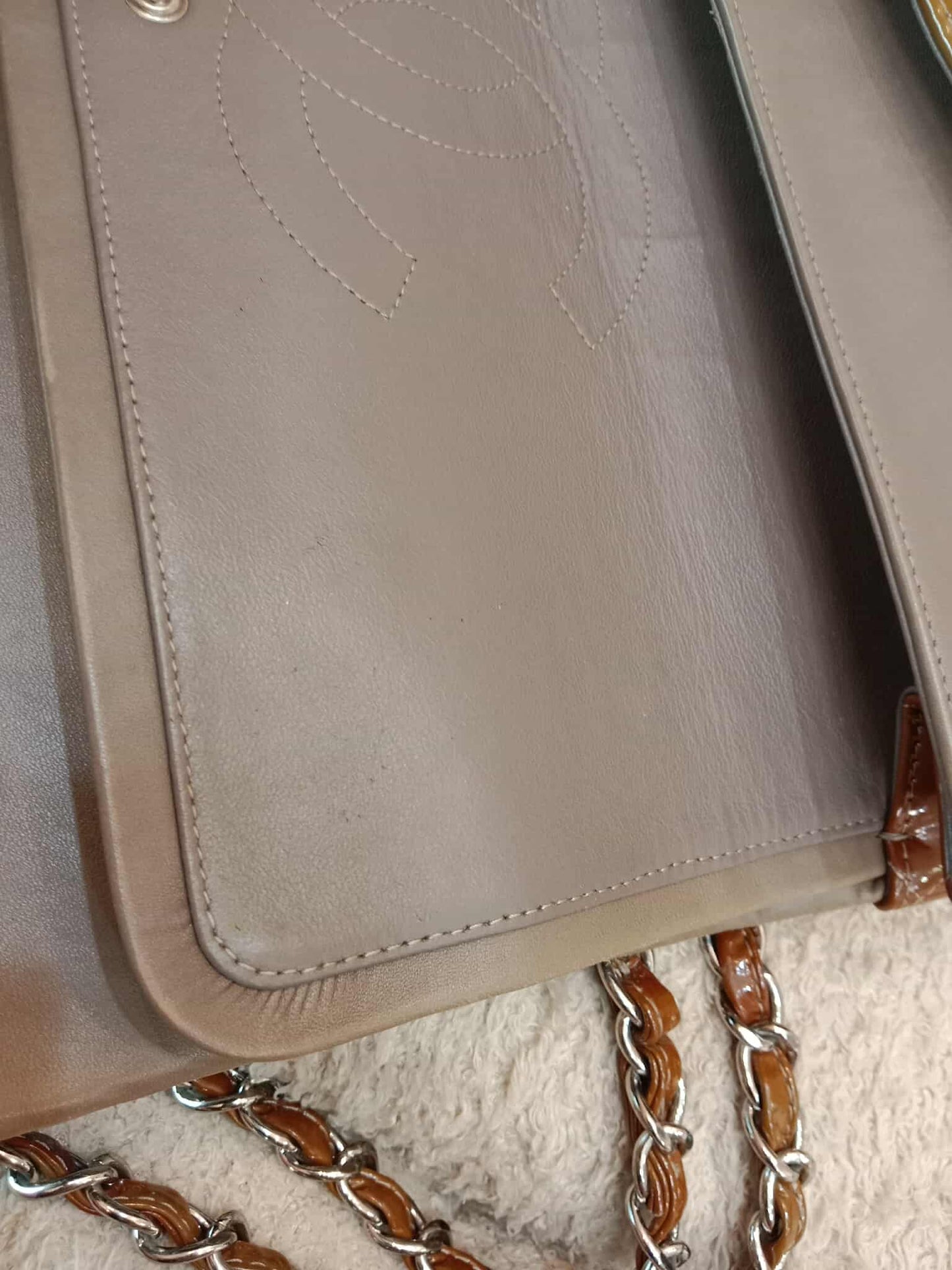 Chanel Quilted Maxi Double Flap Patent Tan Series 15