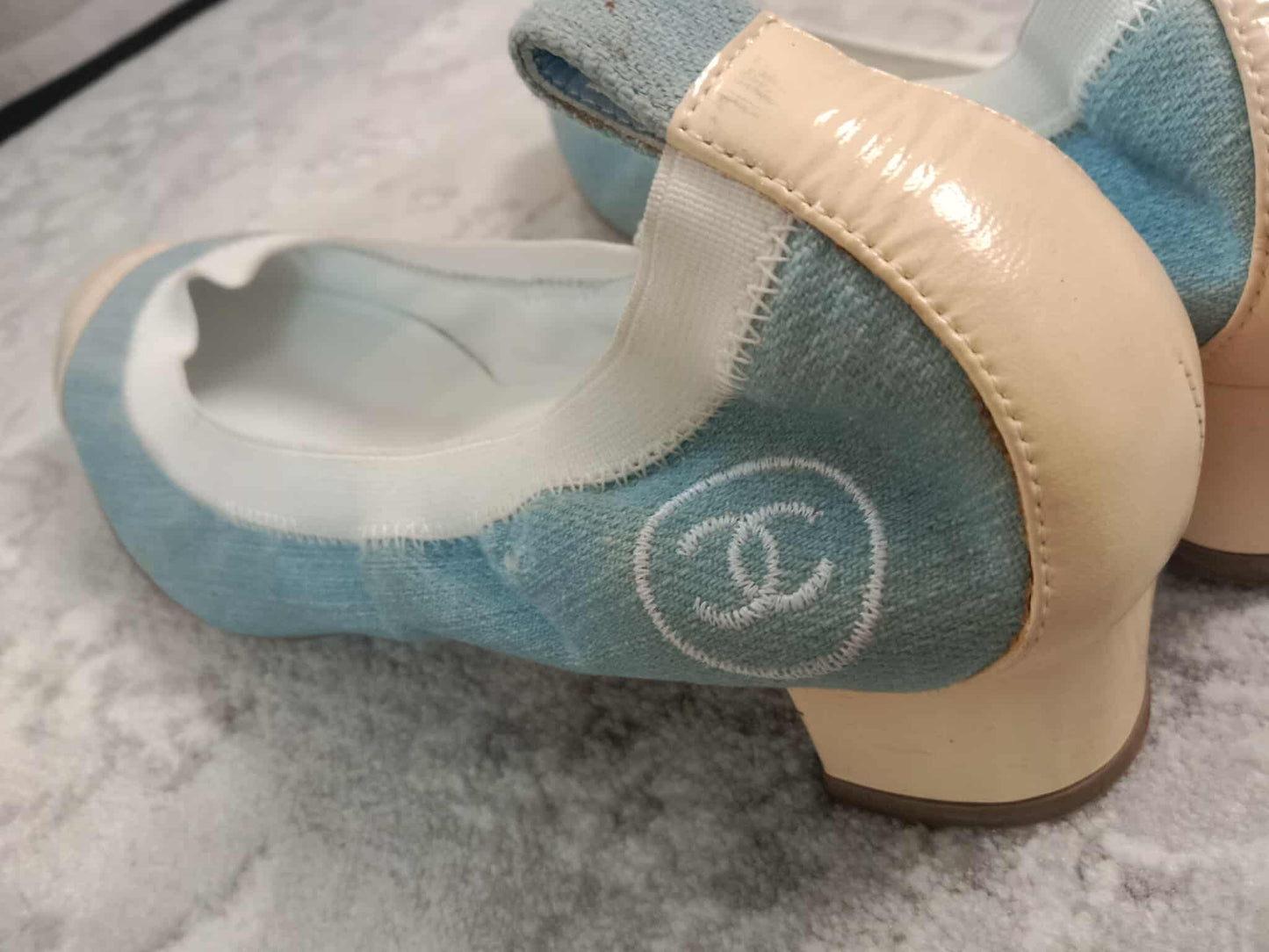 Chanel Coco Mark Ballerina Denim Pumps Size 37C