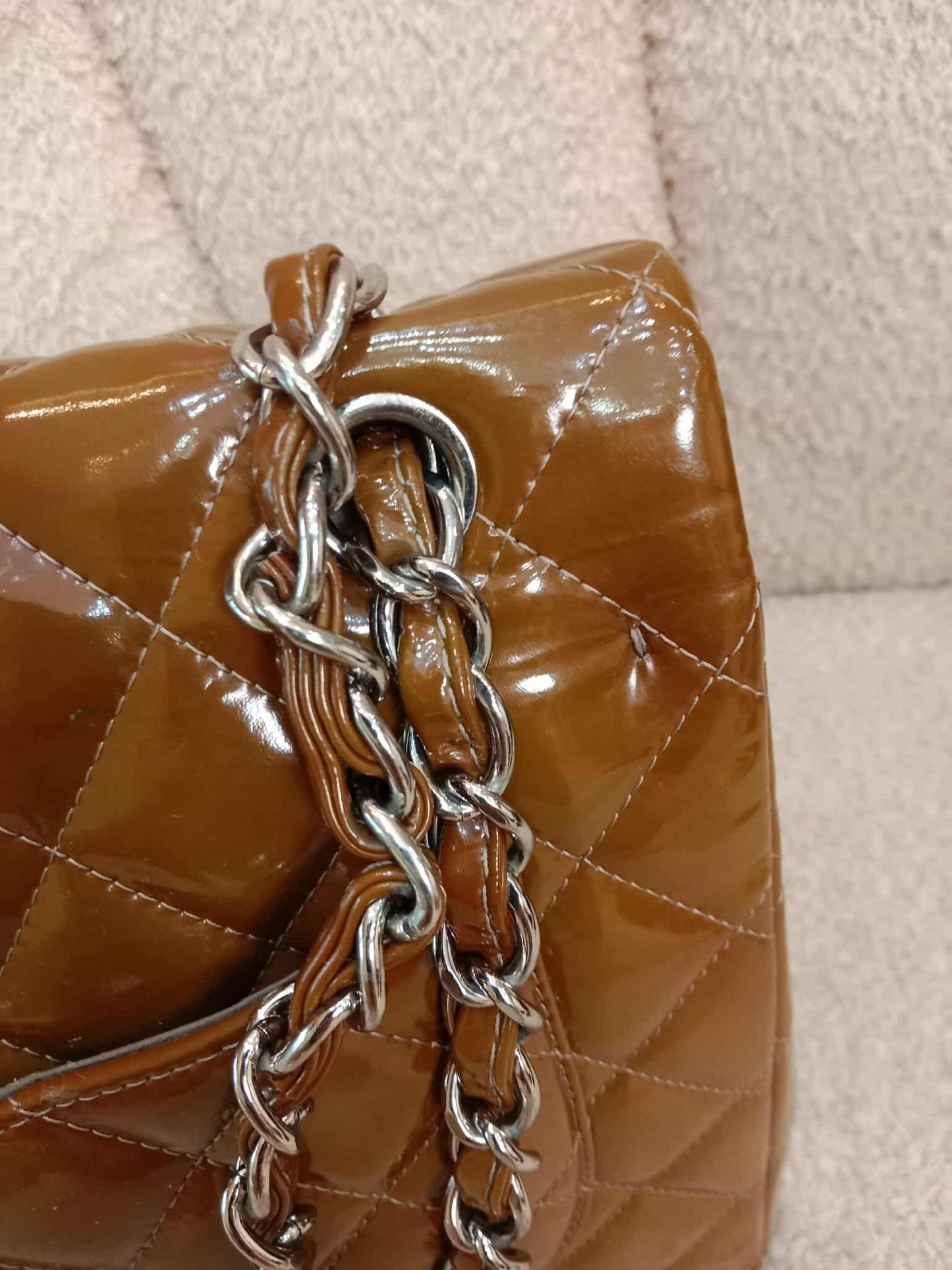 Chanel Quilted Maxi Double Flap Patent Tan Series 15