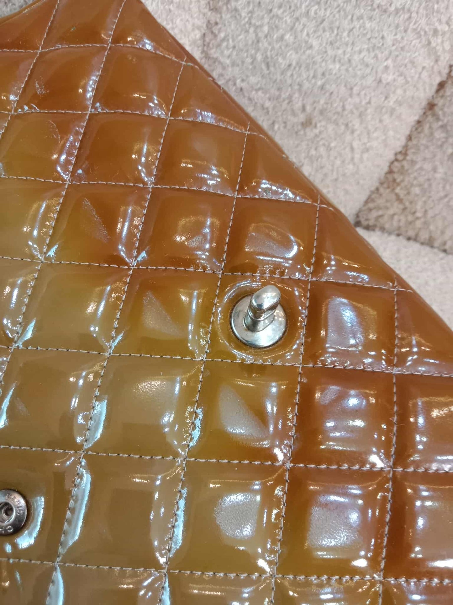Chanel Quilted Maxi Double Flap Patent Tan Series 15