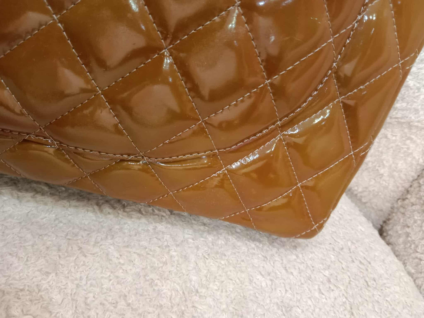 Chanel Quilted Maxi Double Flap Patent Tan Series 15