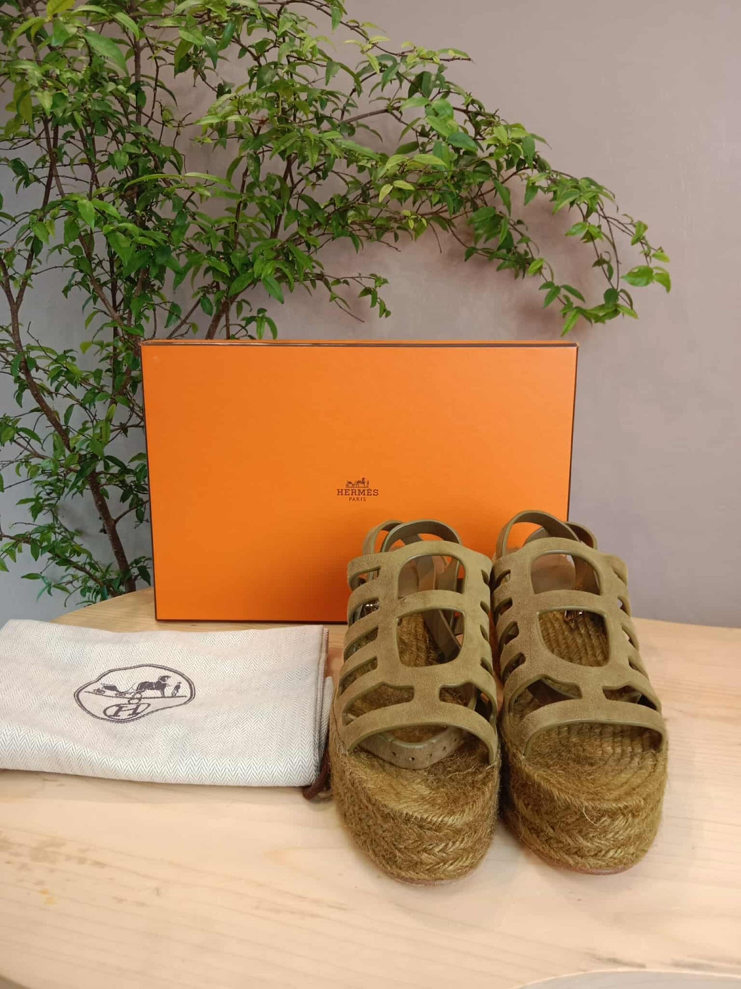 Hermes Espadrille Wedge Sandals Khaki SIze 37