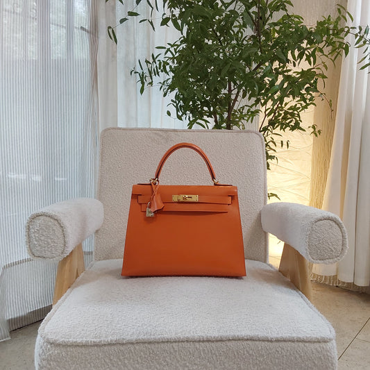 Hermes Kelly 28 Boxcalf Poppy Orange Stamp F Square