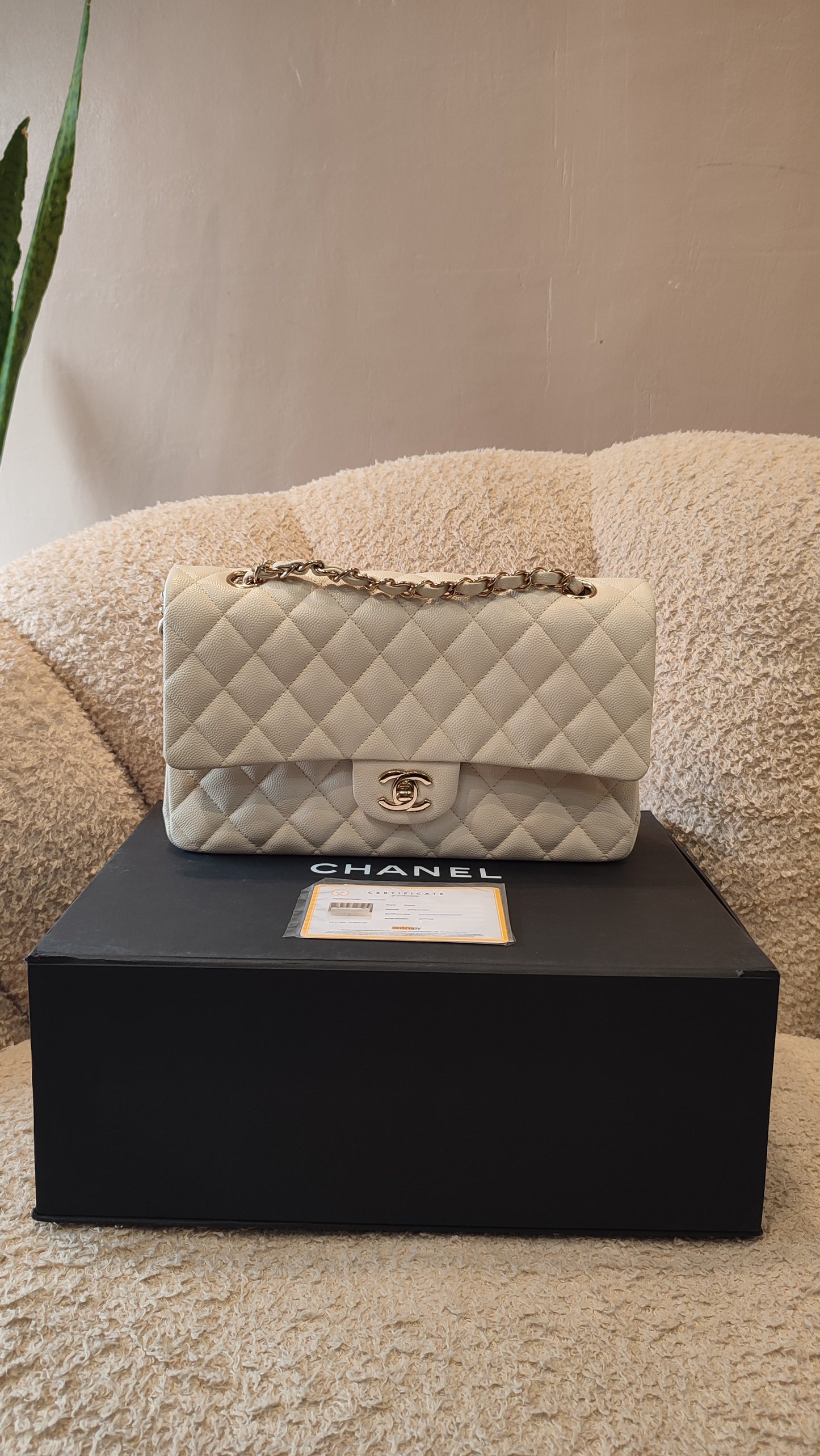 Chanel Double Flap Medium Ivory Caviar Microchipped Fullset