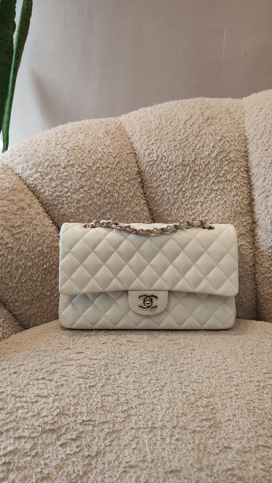 Chanel Double Flap Medium Ivory Caviar Microchipped Fullset