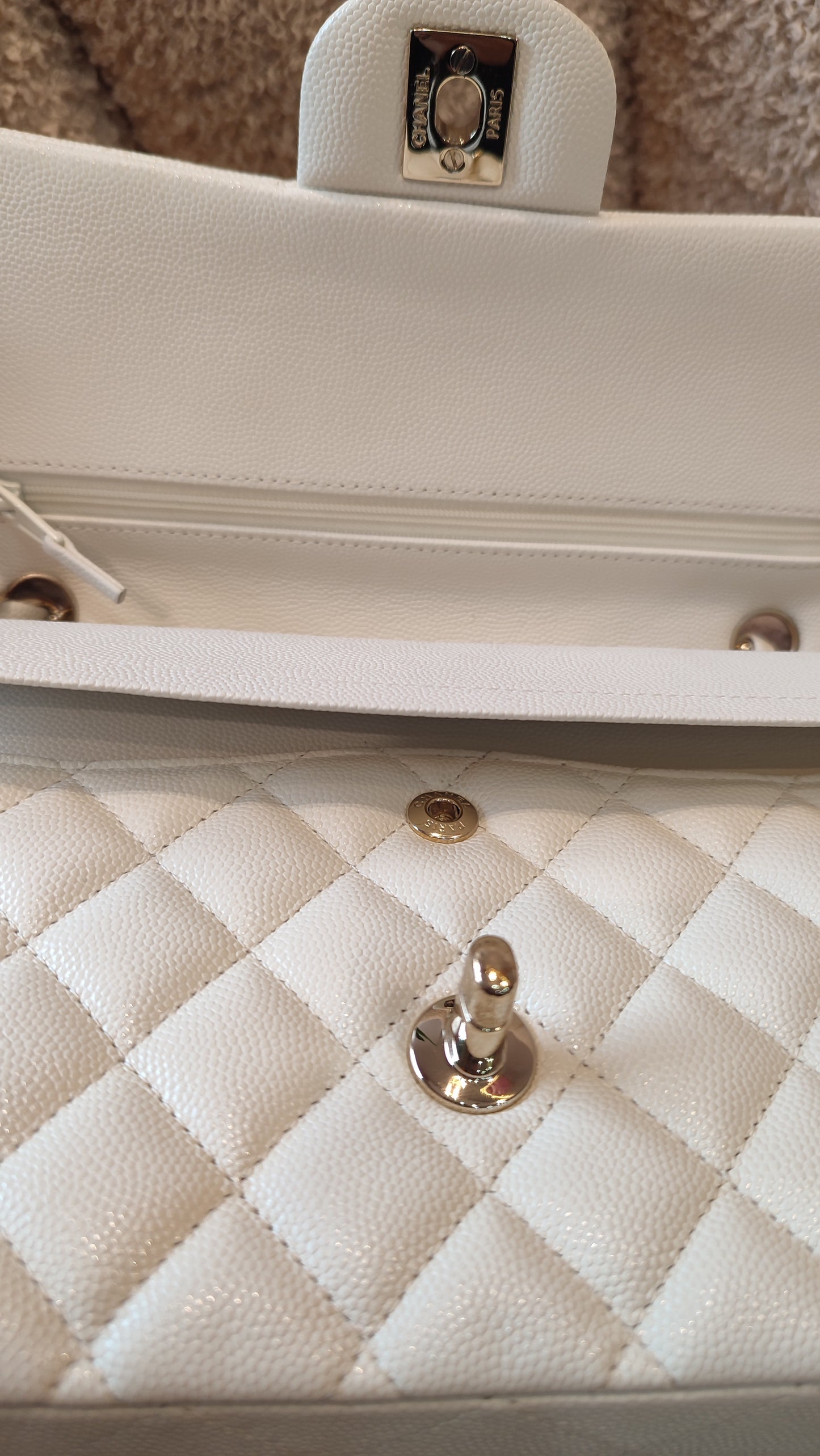 Chanel Double Flap Medium Ivory Caviar Microchipped Fullset