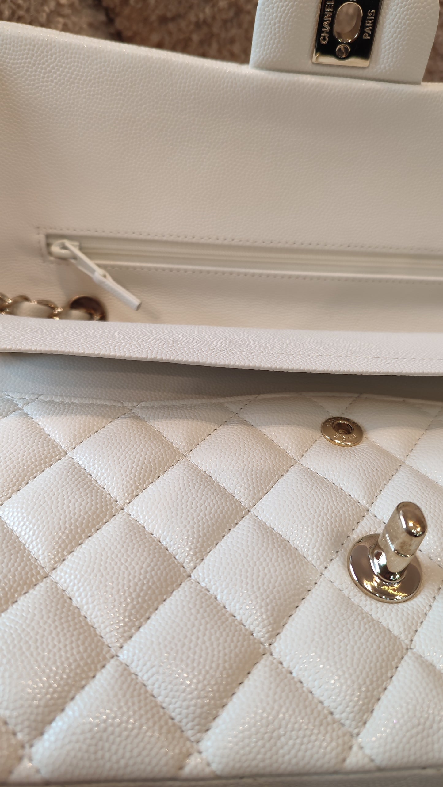 Chanel Double Flap Medium Ivory Caviar Microchipped Fullset