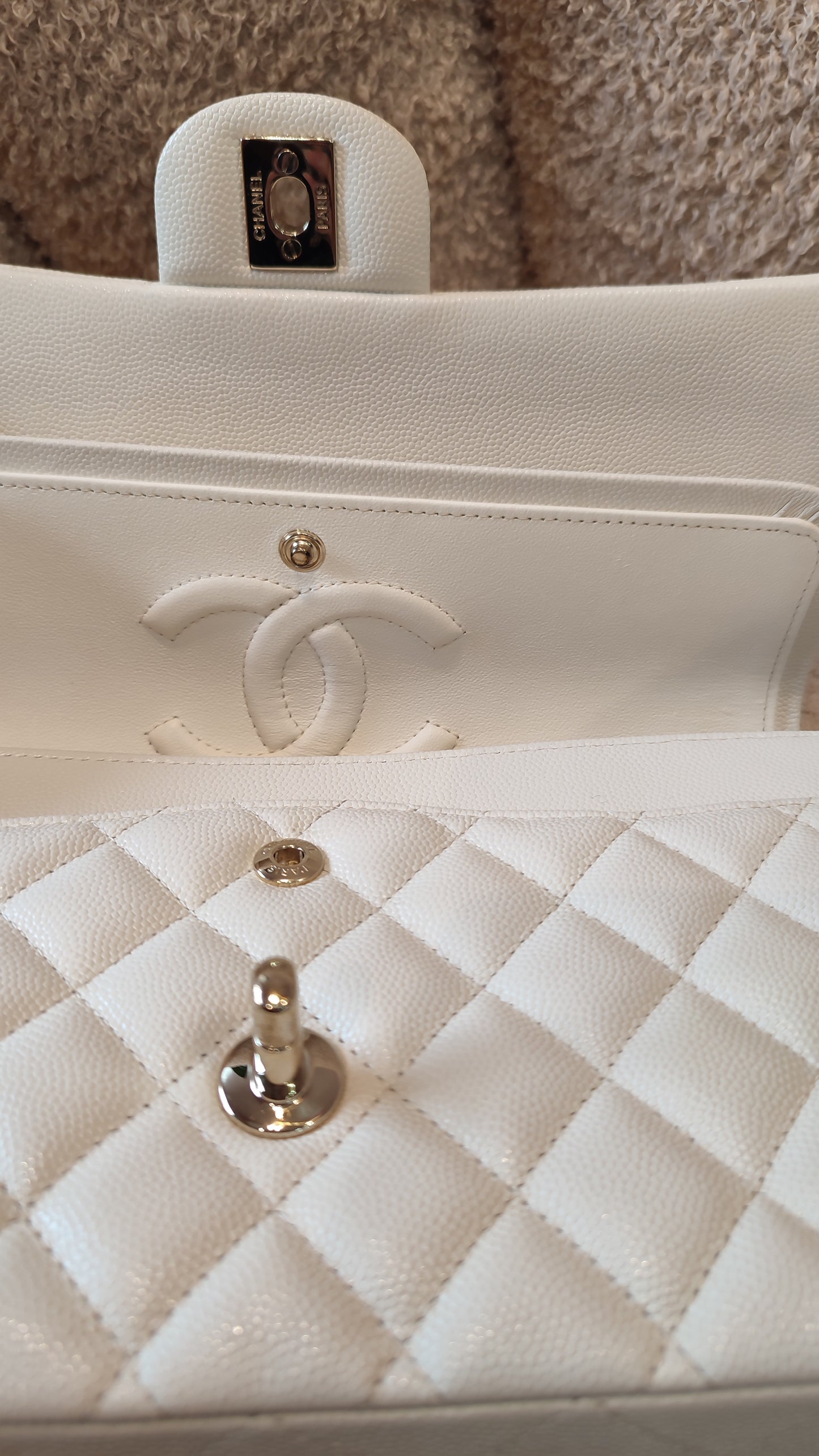 Chanel Double Flap Medium Ivory Caviar Microchipped Fullset