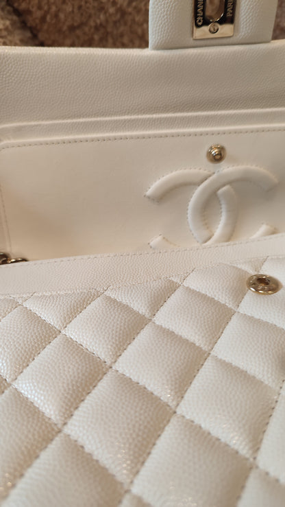 Chanel Double Flap Medium Ivory Caviar Microchipped Fullset