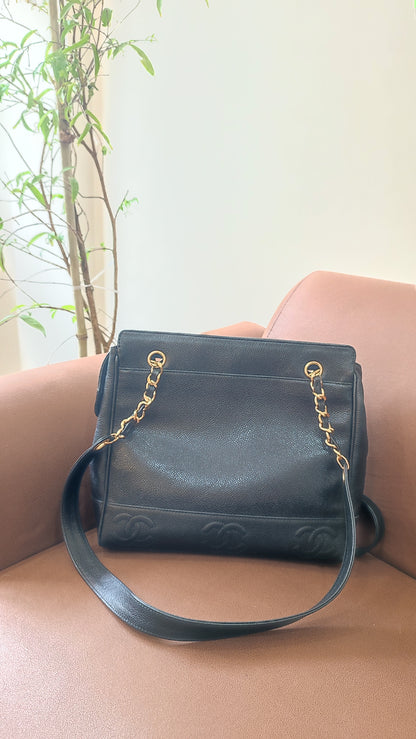 Chanel Triple Coco CC Chain Caviar Shoulder Bag Black Caviar Series 4