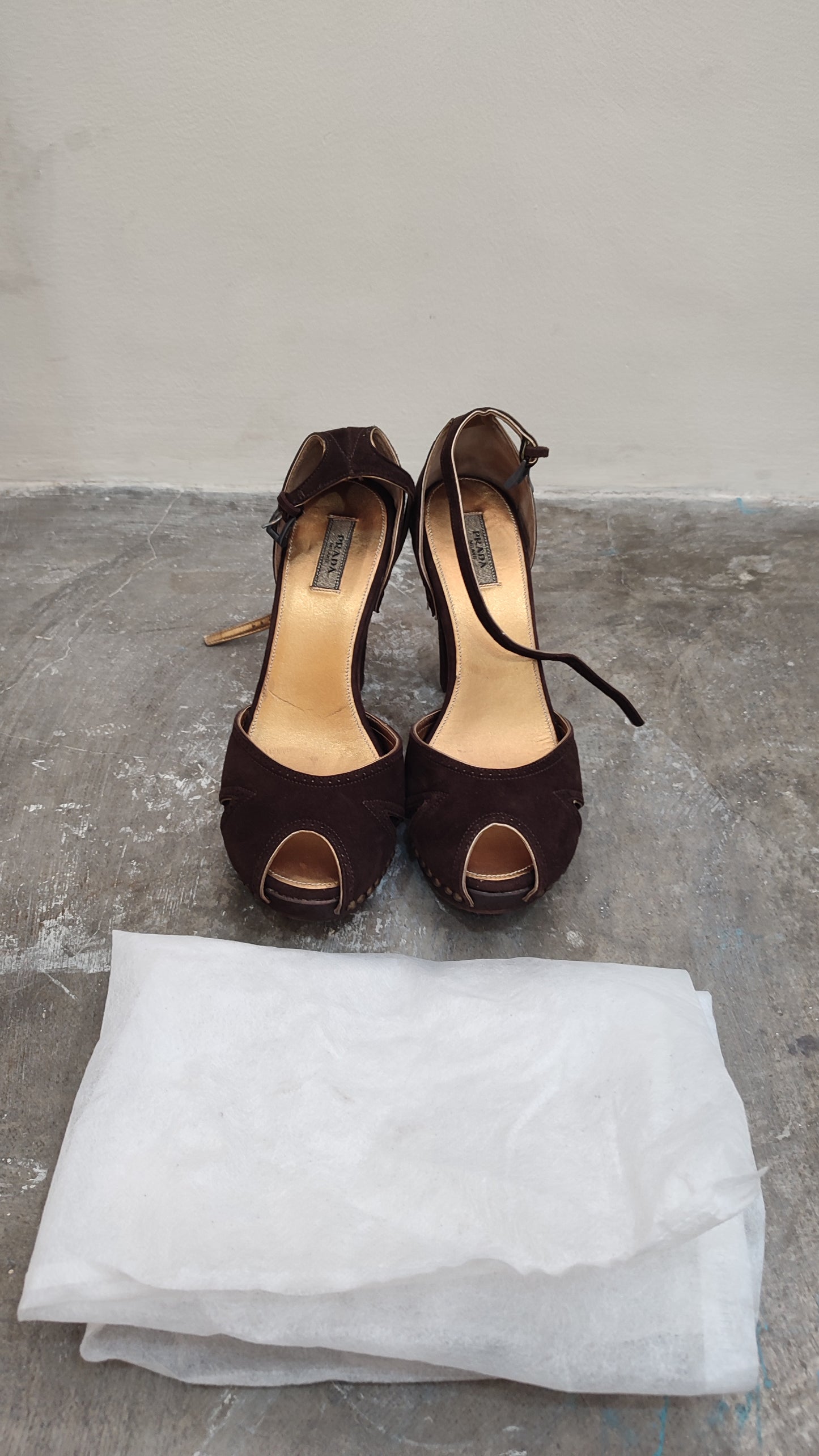 Prada Peep-Toe Suede Pumps Brown Size 37