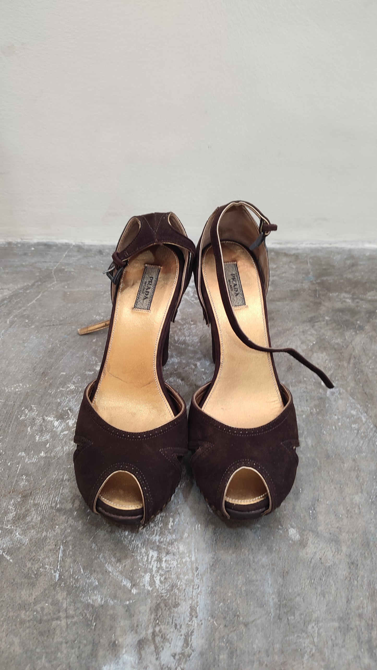 Prada Peep-Toe Suede Pumps Brown Size 37
