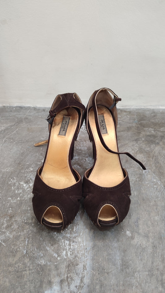 Prada Peep-Toe Suede Pumps Brown Size 37