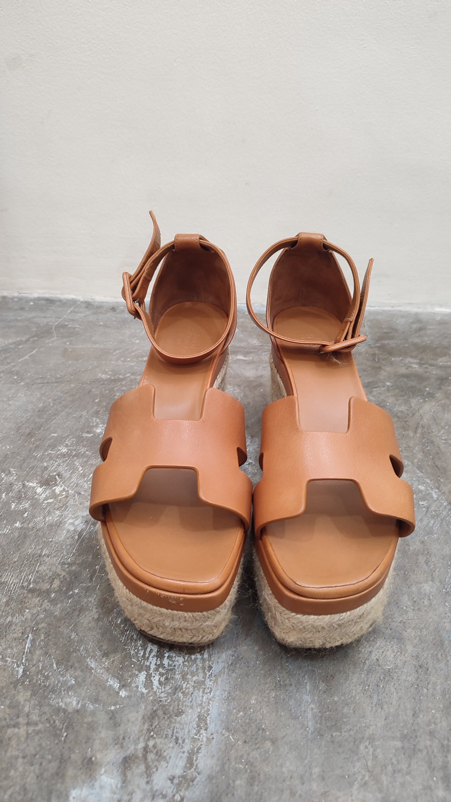 Hermes Elda Espadrille Brown Wedge Sandals Size 38
