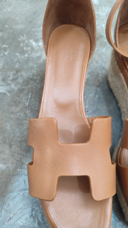 Hermes Elda Espadrille Brown Wedge Sandals Size 38