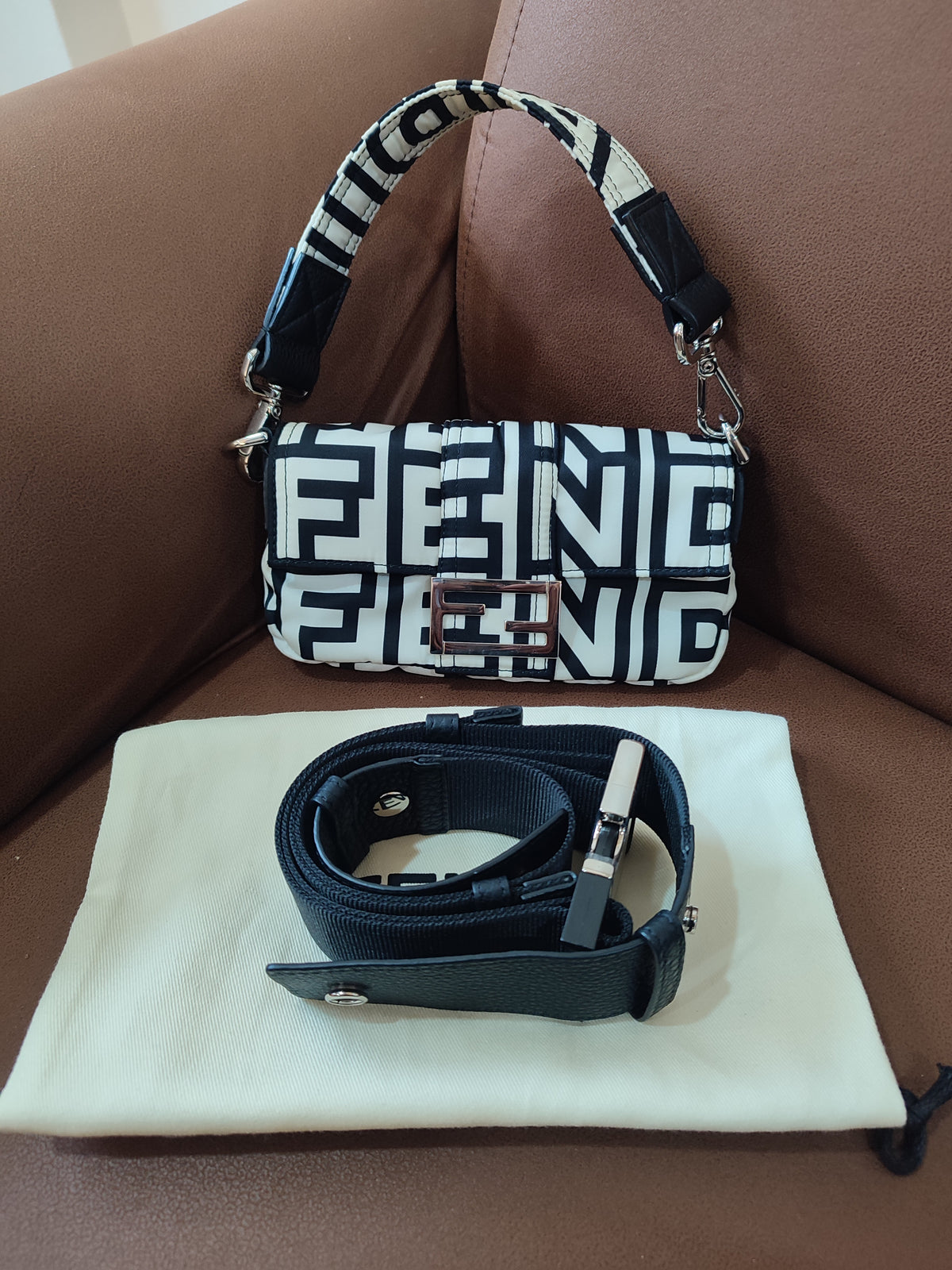 Fendi x Marc Jacobs Vitello Seta Logo Print Black & White Baguette Mini