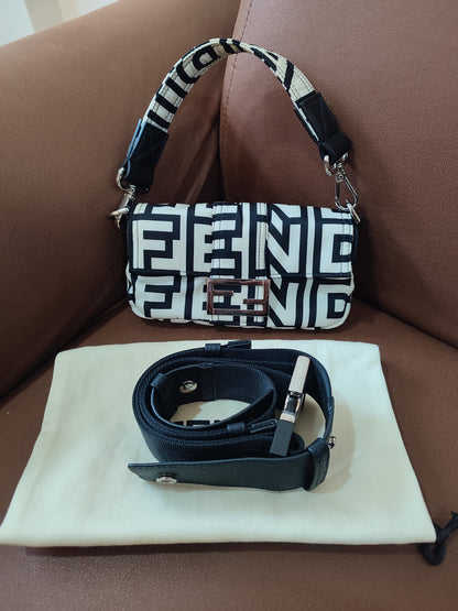 Fendi x Marc Jacobs Vitello Seta Logo Print Black & White Baguette Mini