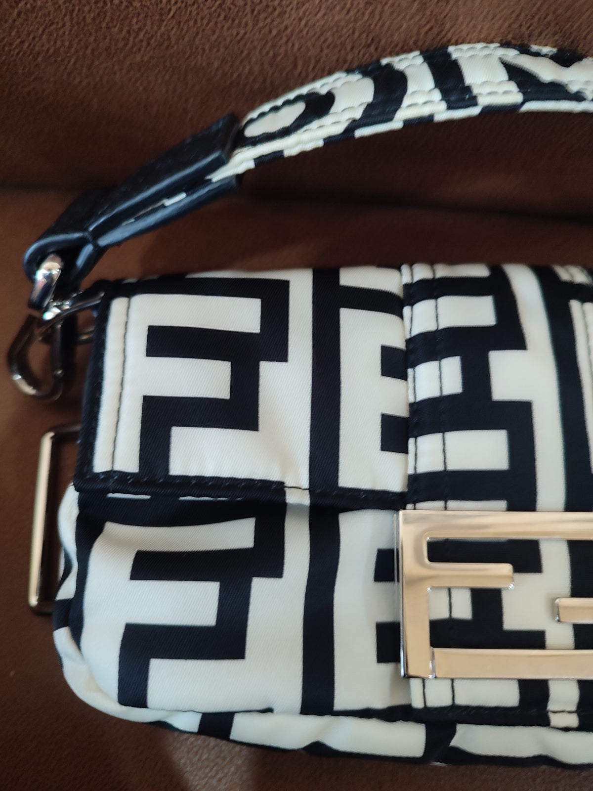Fendi x Marc Jacobs Vitello Seta Logo Print Black & White Baguette Mini