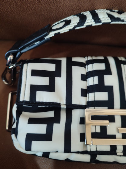 Fendi x Marc Jacobs Vitello Seta Logo Print Black & White Baguette Mini