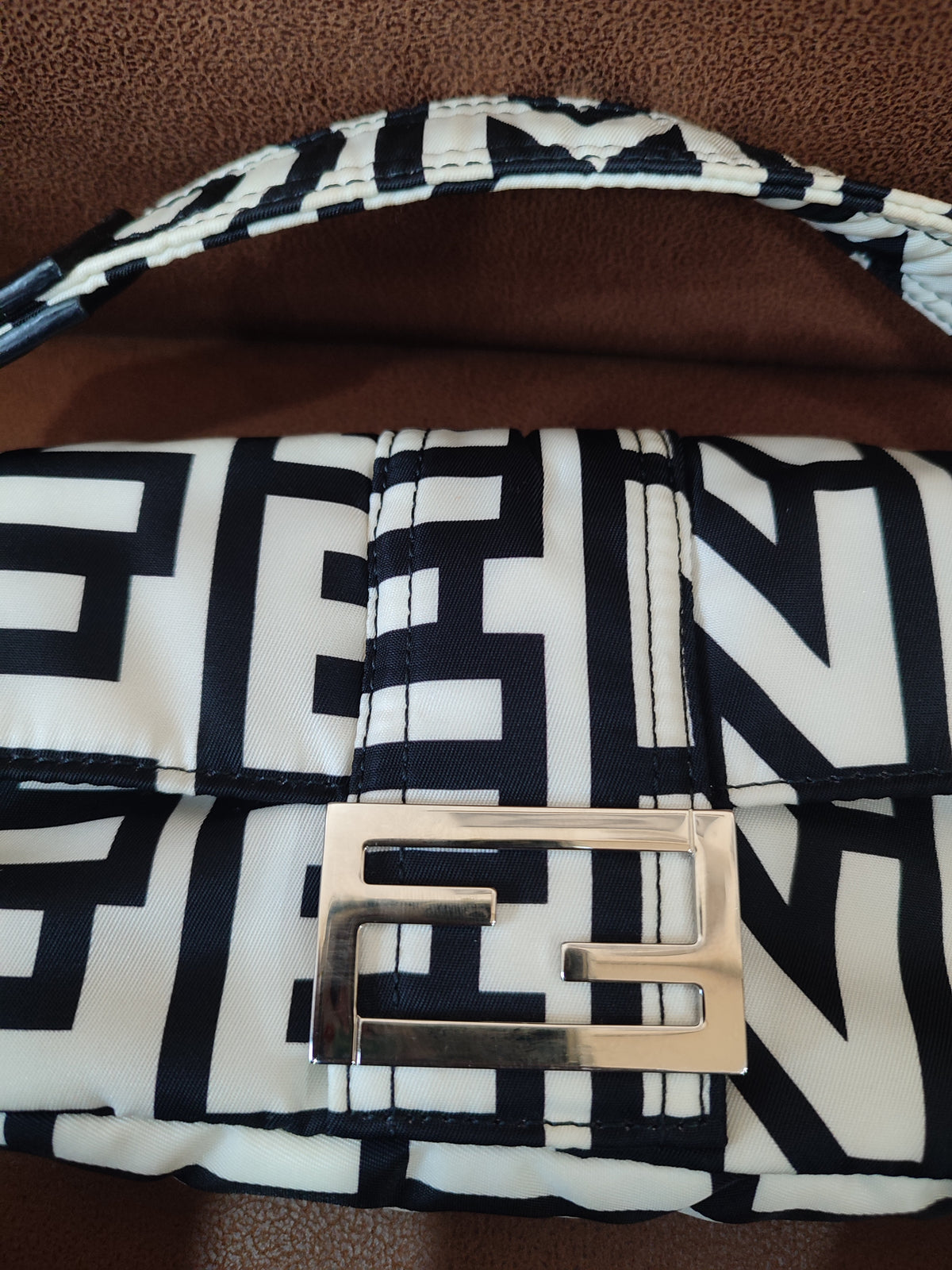 Fendi x Marc Jacobs Vitello Seta Logo Print Black & White Baguette Mini