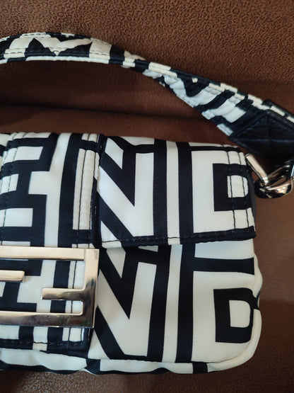Fendi x Marc Jacobs Vitello Seta Logo Print Black & White Baguette Mini