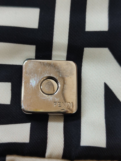 Fendi x Marc Jacobs Vitello Seta Logo Print Black & White Baguette Mini