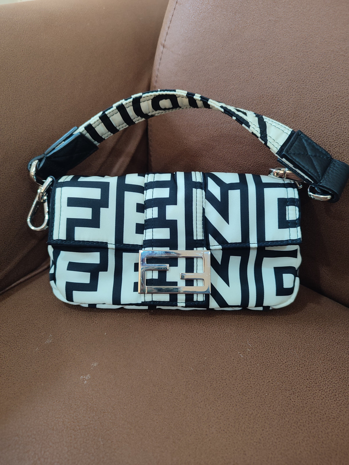 Fendi x Marc Jacobs Vitello Seta Logo Print Black & White Baguette Mini