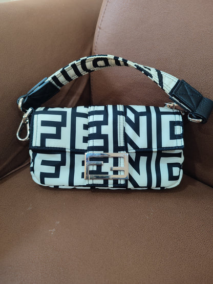 Fendi x Marc Jacobs Vitello Seta Logo Print Black & White Baguette Mini