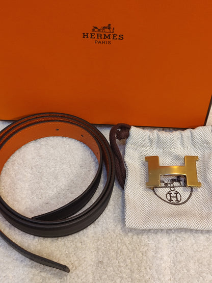 Hermes Noir/Poppy Orange Leather Belt Stamp T 2015