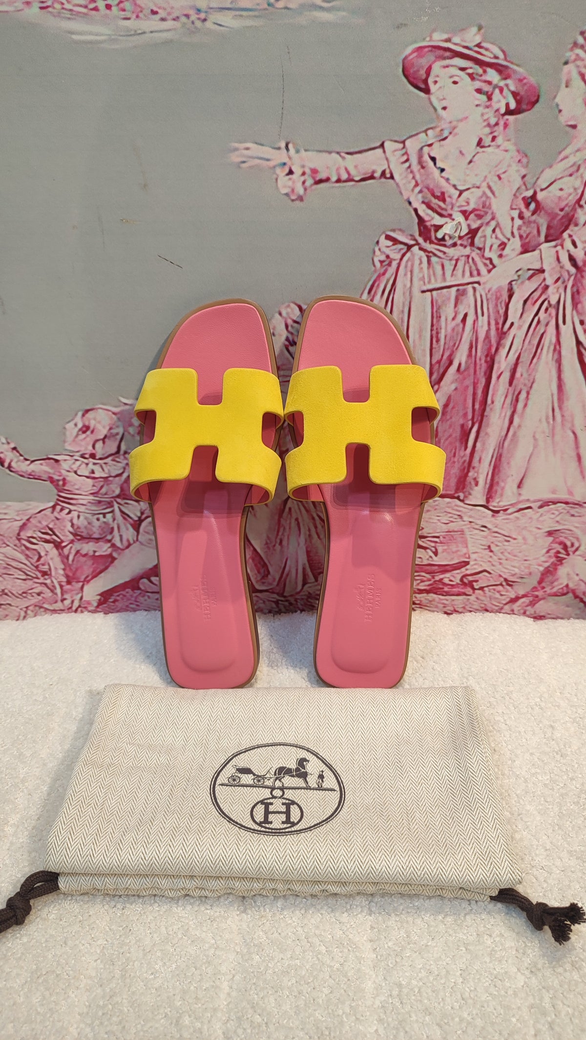 Hermes Oran Jaune/Rose Azalee Suede/Leather Size 37 1/2