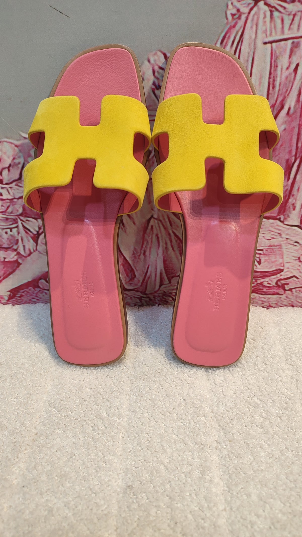 Hermes Oran Jaune/Rose Azalee Suede/Leather Size 37 1/2
