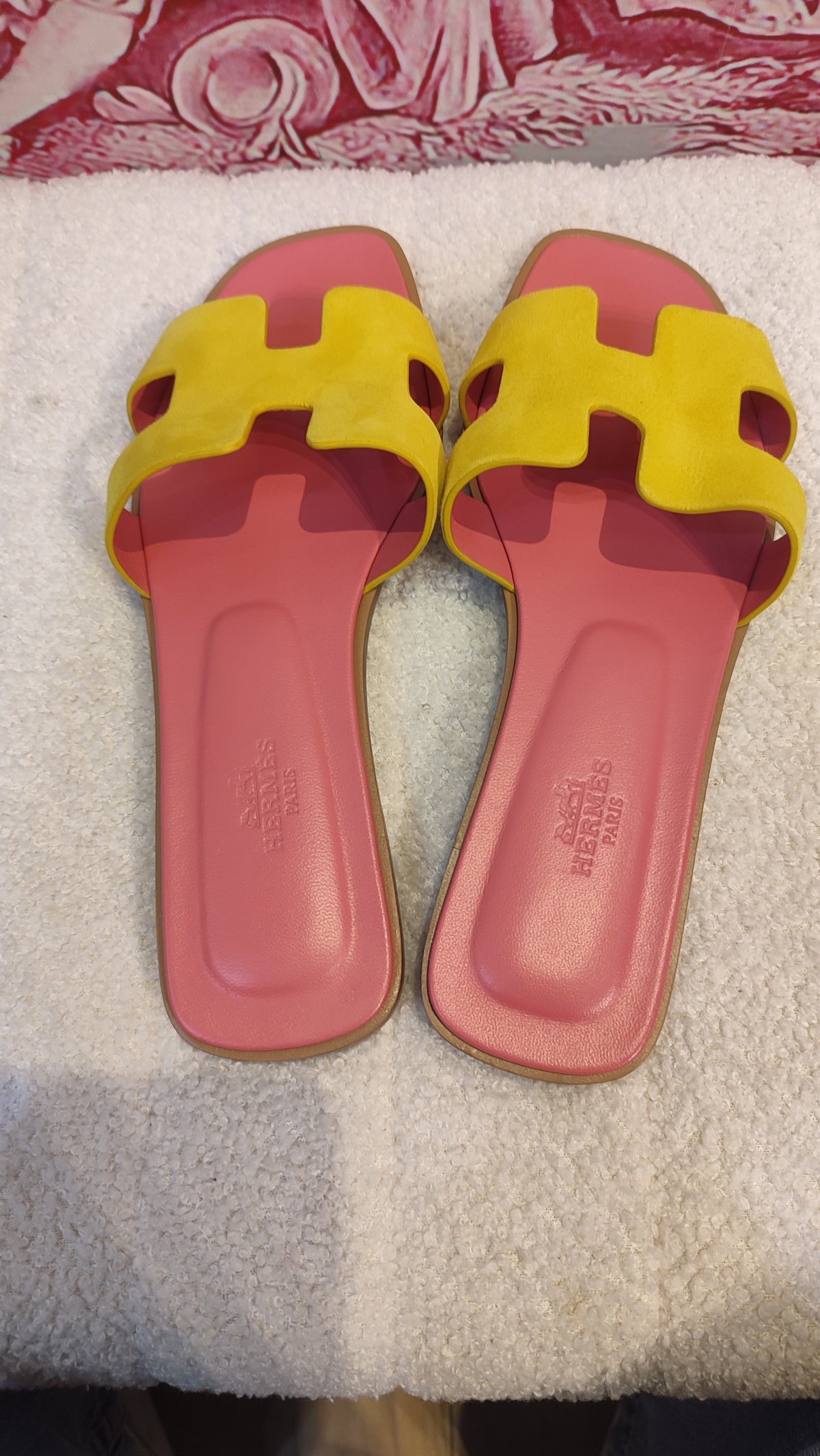 Hermes Oran Jaune/Rose Azalee Suede/Leather Size 37 1/2