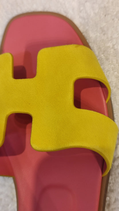 Hermes Oran Jaune/Rose Azalee Suede/Leather Size 37 1/2