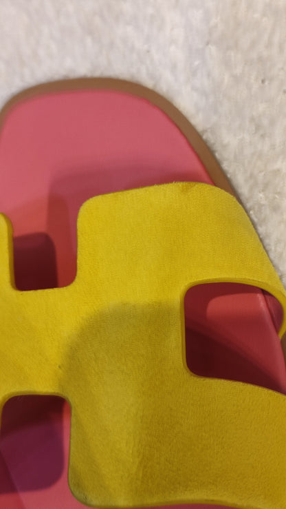 Hermes Oran Jaune/Rose Azalee Suede/Leather Size 37 1/2