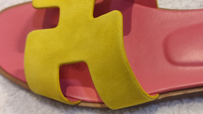 Hermes Oran Jaune/Rose Azalee Suede/Leather Size 37 1/2