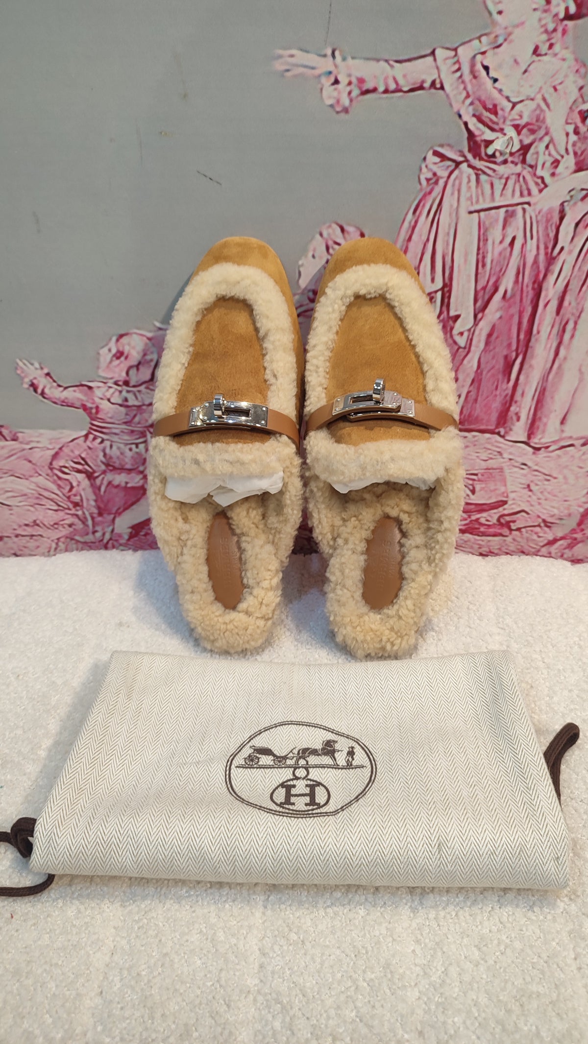 Hermes Oz Shearling/Suede Mules Natural Size 35