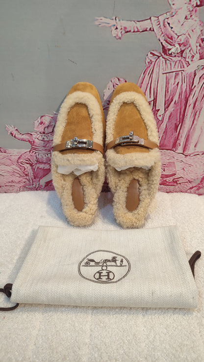Hermes Oz Shearling/Suede Mules Natural Size 35