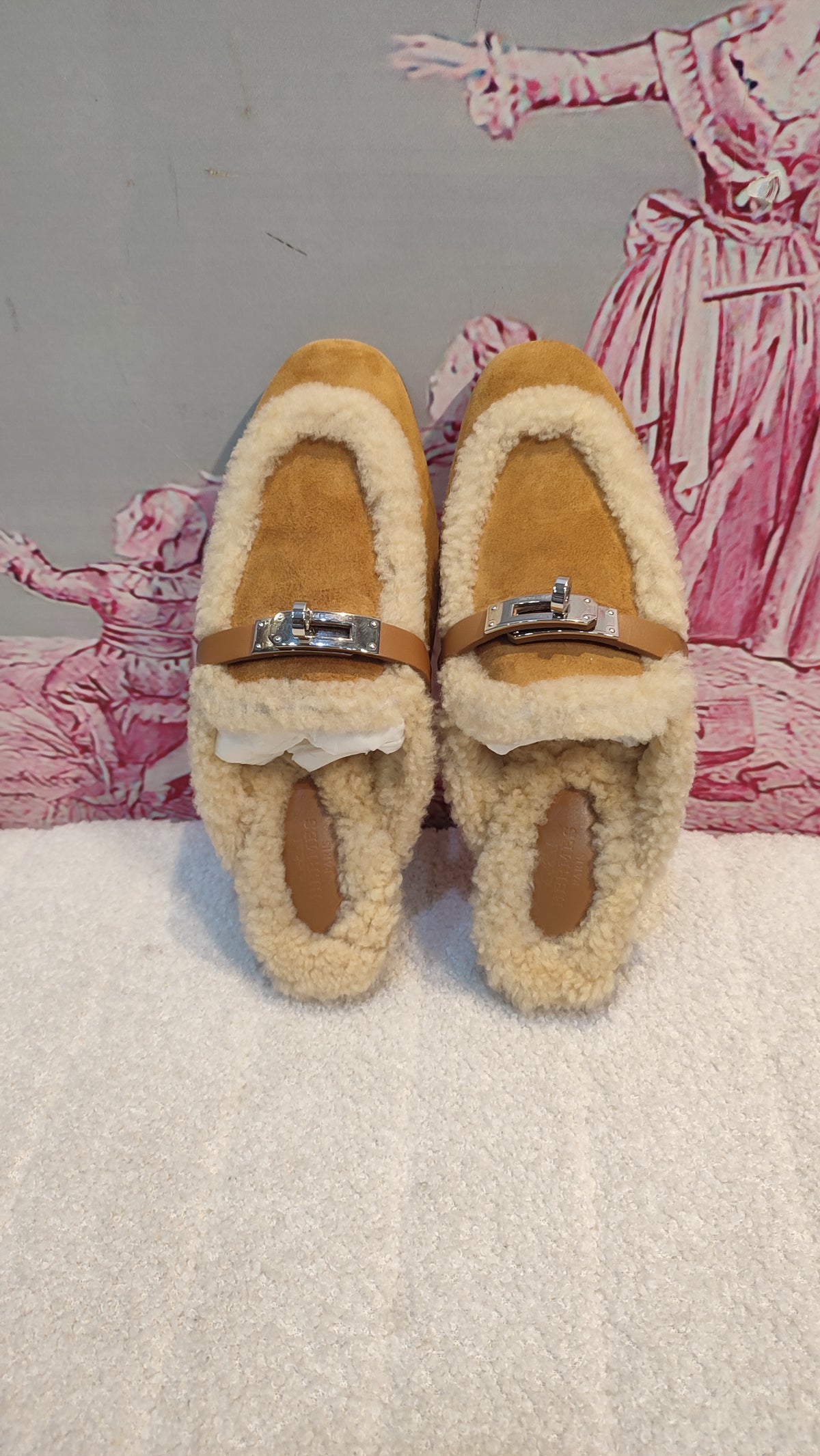 Hermes Oz Shearling/Suede Mules Natural Size 35