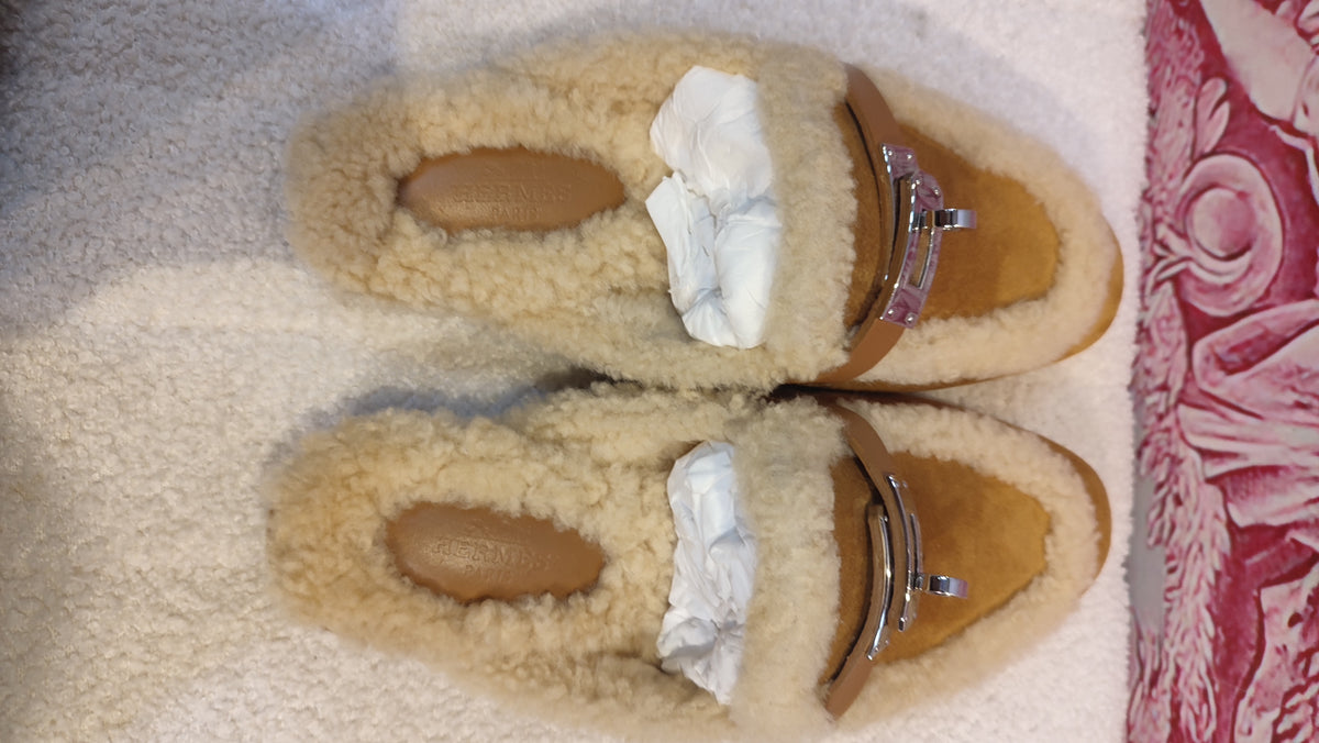 Hermes Oz Shearling/Suede Mules Natural Size 35