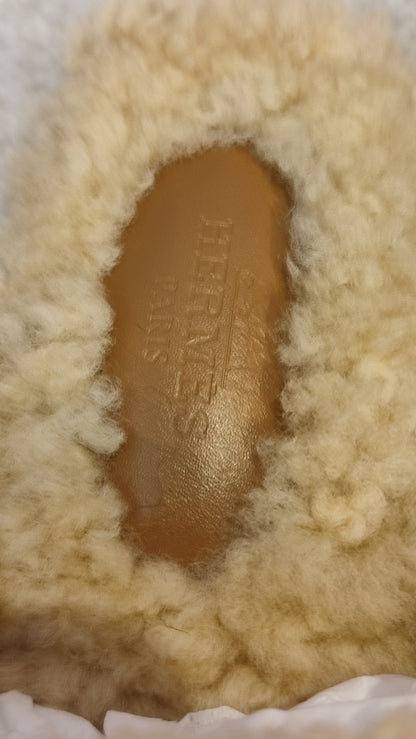 Hermes Oz Shearling/Suede Mules Natural Size 35
